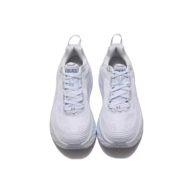 Hoka Bondi 6 lace-up running shoes, light gray textured upper, padded heel