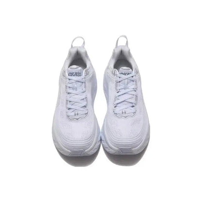 Hoka Bondi 6 lace-up running shoes, light gray textured upper, padded heel