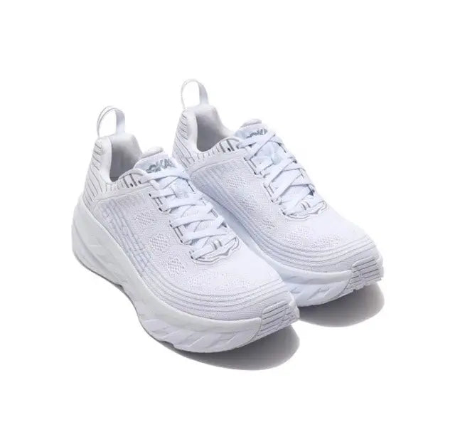 Hoka Bondi 6 running shoes pair, light gray knit upper, lace-up, thick sole