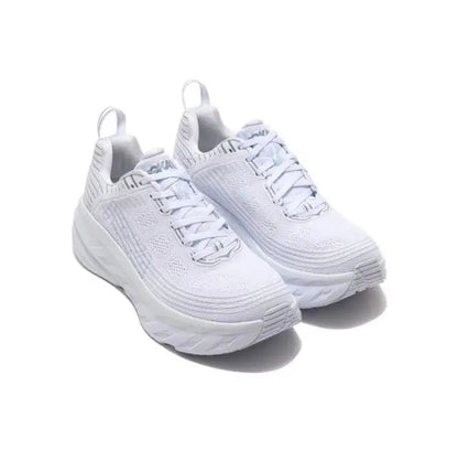 Hoka Bondi 6 running shoes pair, light gray knit upper, lace-up, thick sole