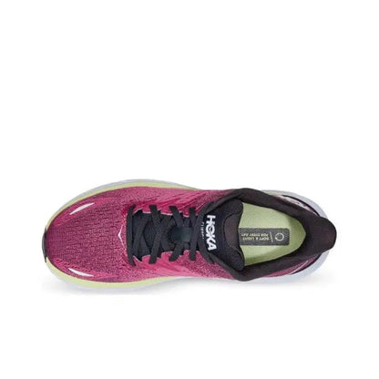Running shoe heel and toe view: magenta upper, black laces, padded collar, Hoka branding