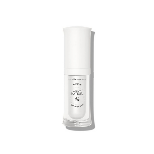 White skincare bottle of Agent Nateur 'ageless eye serum' on a white background