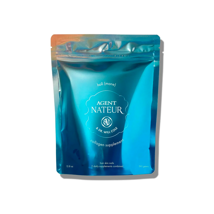 A blue pouch of Agent Nateur holi (mane) Hair, Skin, Nails supplement on white background