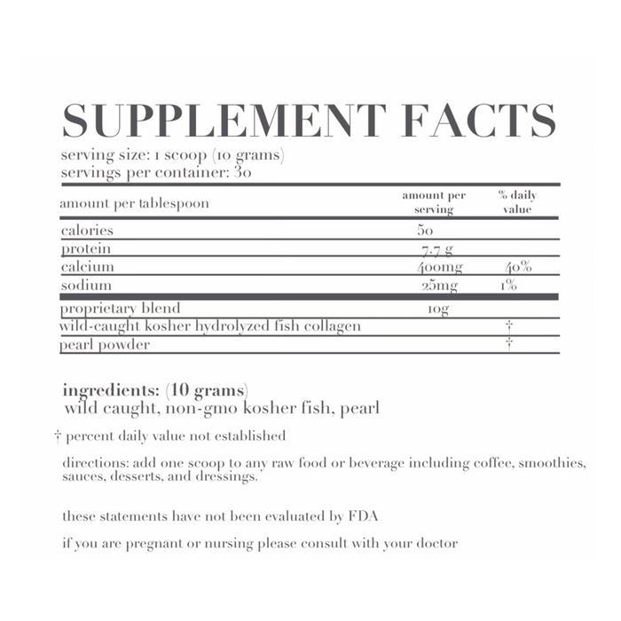 Supplement facts panel for Holi Mane including all ingredients and actives: Calories (50/serving, Protein (7.7 g/serving), Calcium (400 mg/serving), Sodium (25 mg/serving), Proprietary blend of Wild caught fish collagen and pearl powder (10 g/serving)