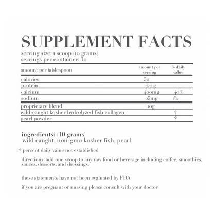 Supplement facts panel for Holi Mane including all ingredients and actives: Calories (50/serving, Protein (7.7 g/serving), Calcium (400 mg/serving), Sodium (25 mg/serving), Proprietary blend of Wild caught fish collagen and pearl powder (10 g/serving)