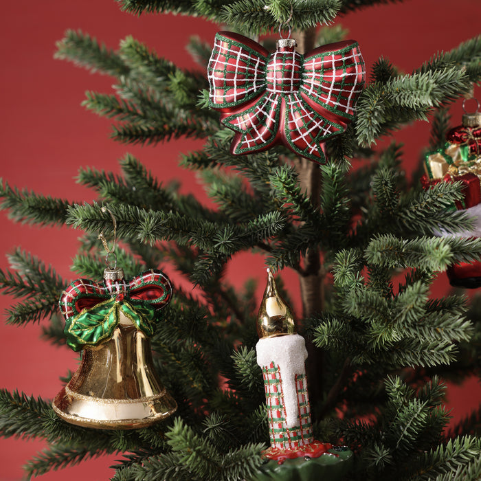 Holiday Covent Garden Plaid Bow & Bell Glass Ornaments - 2 Assorted Designs