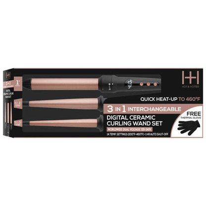 Hot & Hotter 3 in 1 Interchangeable Digital Curling Wand Set, 1 Count, Black & Rose Gold