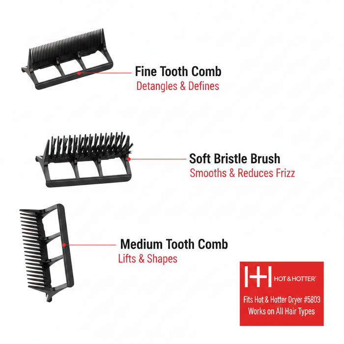 Hot & Hotter Hair Dryer Brush Comb Attachments, 3 Count, Black