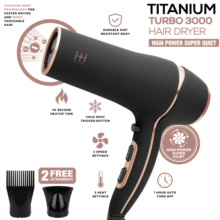 Hot & Hotter Titanium Turbo 3000 Hair Dryer, 1 Count, Black
