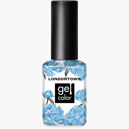 A bottle of LONDONTOWN Hot Spring gel nail color with a black cap and a Pacific blue floral design on the label. The text on the label reads "LONDONTOWN" and "gel color Vernis en Gel.