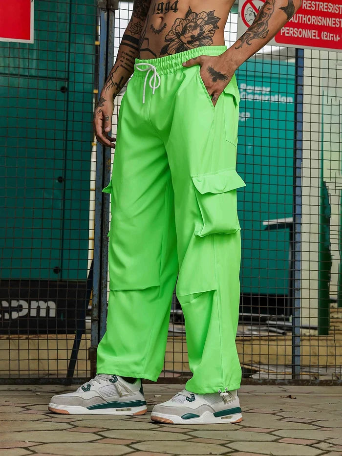 House Of Koala Baggy Fit Neon Green Parachute Cargo Trousers