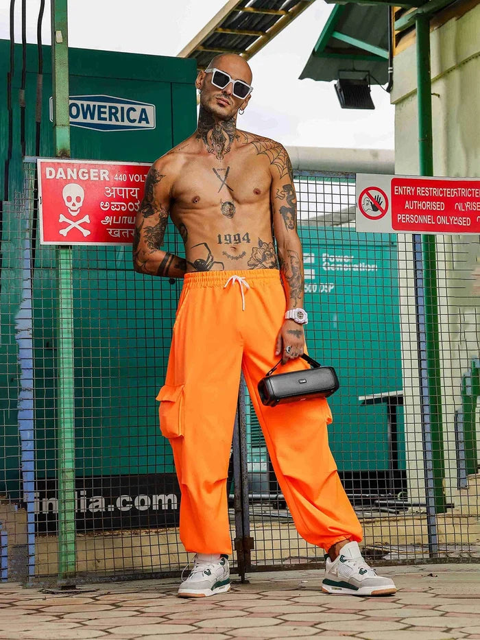 House Of Koala Baggy Fit Orange Parachute Cargo Trousers