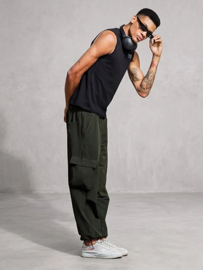 House Of Koala Olive Baggy Fit Parachute Cargo Trousers