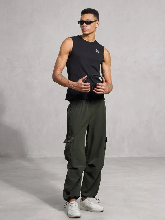 House Of Koala Olive Baggy Fit Parachute Cargo Trousers