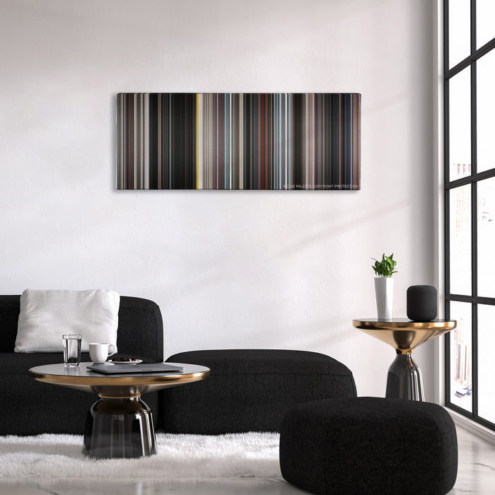 Iron Man color palette canvas above a black sofa with a gold-topped table