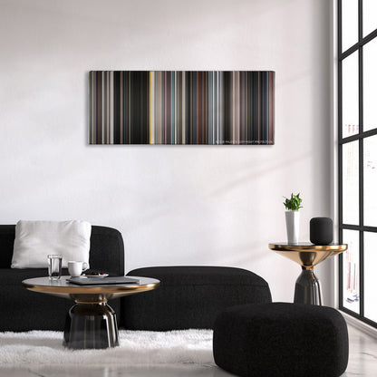 Iron Man color palette canvas above a black sofa with a gold-topped table