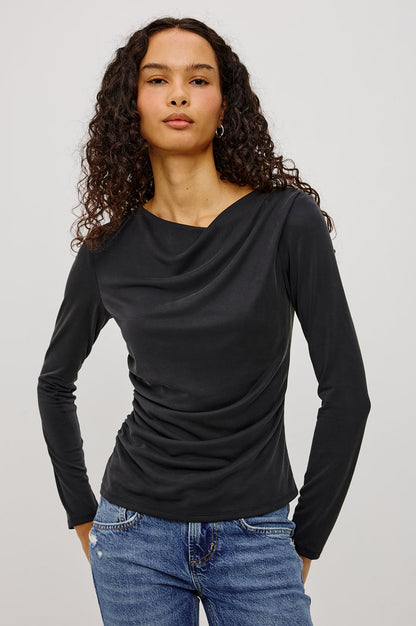 Issel Top in Soft Jersey With Cowl Neckline, Ruched Waist, and Form-Fitting Silhouette in Ash Colorway - Upper Body Front View Featured on Model