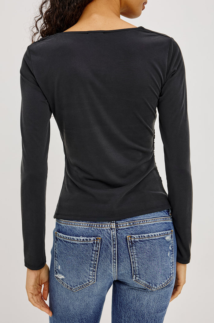 Issel Top in Soft Jersey With Cowl Neckline, Ruched Waist, and Form-Fitting Silhouette in Ash Colorway - Upper Body Back View Featured on Model