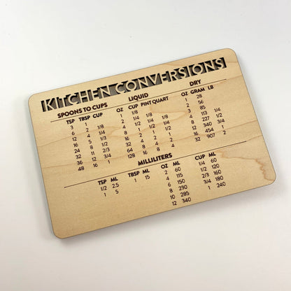 kitchen conversions chart - laser cut and laser engraved maple wood - by LeeMo Designs in Bend, Oregon