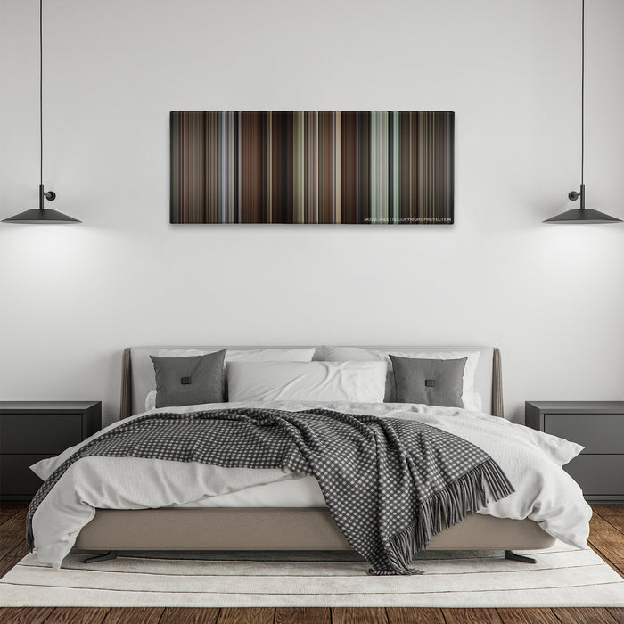 Knives Out color palette canvas above a bed, between two black pendant lamps
