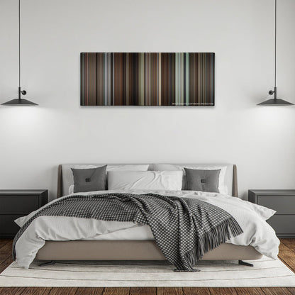 Knives Out color palette canvas above a bed, between two black pendant lamps