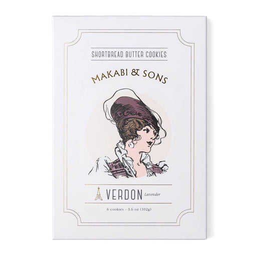 Shortbread butter cookies box with illustrated girl and Makabi & Sons branding
