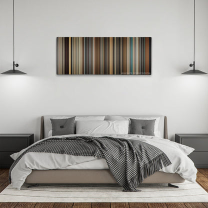 Legend color palette canvas above a bed, between two black pendant lamps