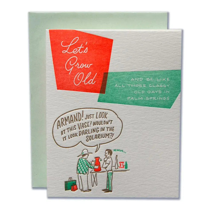 Greeting card with red and green text blocks and humorous vintage illustration of people