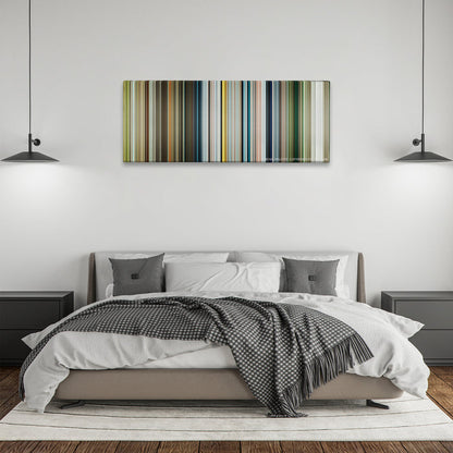 Life of Pi color palette canvas above a bed, between two black pendant lamps