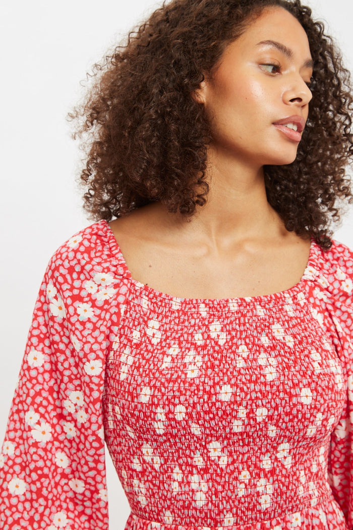 Loe Roaring Daisy Print Shirred Bodice Midi Dress - Bascora