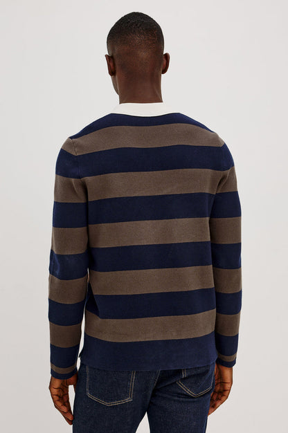 Luther Rugby Sweater in Cotton Knit With Contrast Polo Collar, Quarter-Button Placket, Relaxed Fit, and Long Sleeves in Navy Carob Stripe Colorway - Upper Body Back View Featured on Model