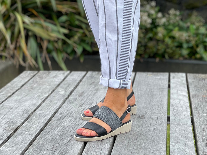 Comfortable women's slingback  sandals. European made in Spain. Soft quality leather straps with elastication and wedge rubber sole unit. In black.