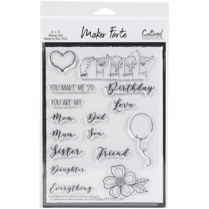Maker Forte - Cultured Collection - Clear Stamps - 6"X8" - ASL Happy. The Maker Forte Cultured Collection strives to bring more inclusivity to the stamping and crafting world. Designed by Angie Blom, this American Sign Language photopolymer stamp set features the American alphabet. Measures 6 inches x 8 inches with 26 individual stamps. Made in USA. Available at Embellish Away located in Bowmanville Ontario Canada.