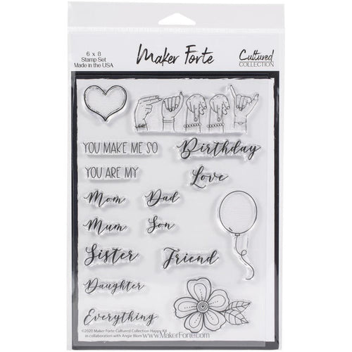 Maker Forte - Cultured Collection - Clear Stamps - 6"X8" - ASL Happy. The Maker Forte Cultured Collection strives to bring more inclusivity to the stamping and crafting world. Designed by Angie Blom, this American Sign Language photopolymer stamp set features the American alphabet. Measures 6 inches x 8 inches with 26 individual stamps. Made in USA. Available at Embellish Away located in Bowmanville Ontario Canada.