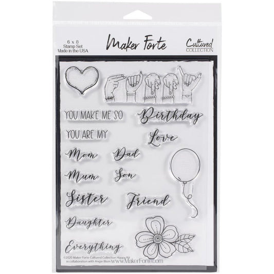 Maker Forte - Cultured Collection - Clear Stamps - 6"X8" - ASL Happy. The Maker Forte Cultured Collection strives to bring more inclusivity to the stamping and crafting world. Designed by Angie Blom, this American Sign Language photopolymer stamp set features the American alphabet. Measures 6 inches x 8 inches with 26 individual stamps. Made in USA. Available at Embellish Away located in Bowmanville Ontario Canada.