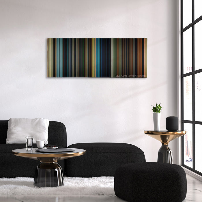 Maleficent color palette canvas above a black sofa with a gold-topped table