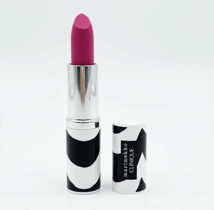 Pink lipstick in silver tube with bold black and white patterned cap, upright on white background