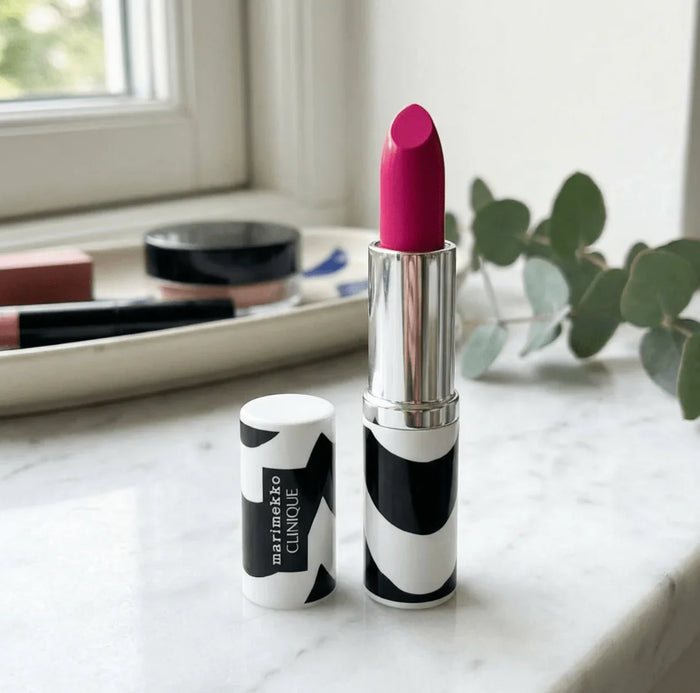 Bright pink lipstick in black and white tube on marble, makeup tray in background