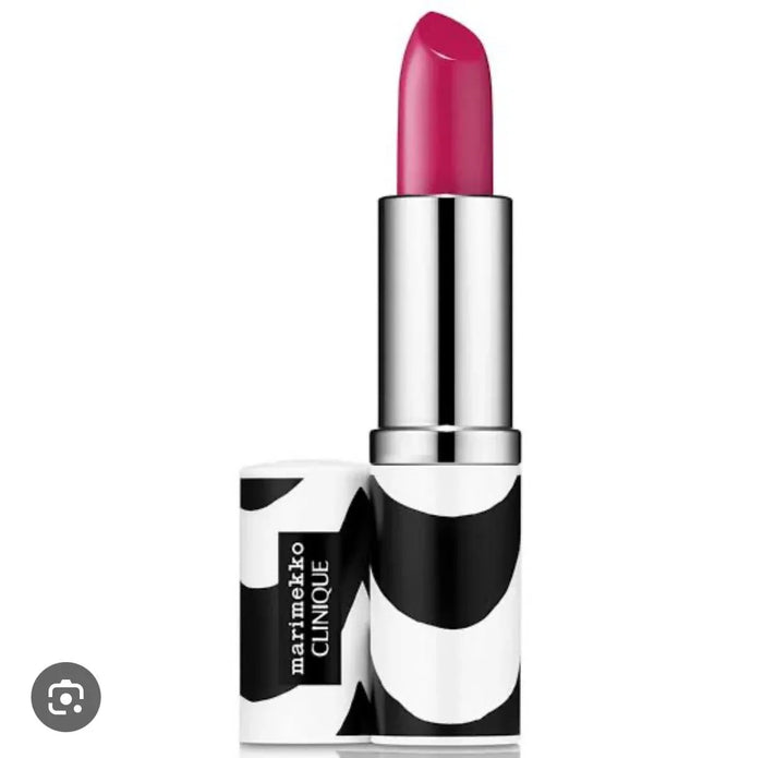 Pink lipstick in silver tube with bold black and white patterned case