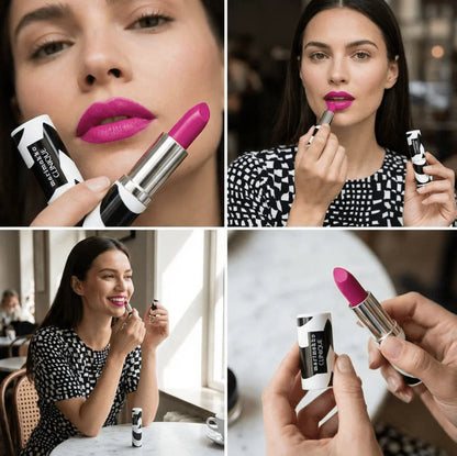 Woman applying vibrant pink lipstick from a black and white tube, close-up and lifestyle shots
