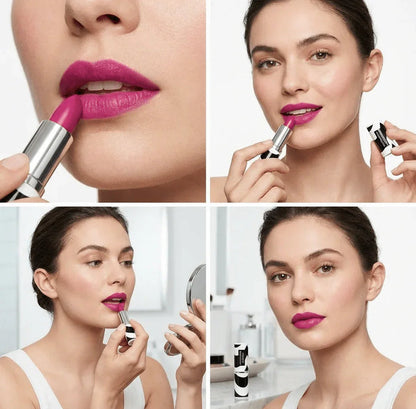 Woman applying vibrant pink lipstick, close-ups and finished look, modern makeup
