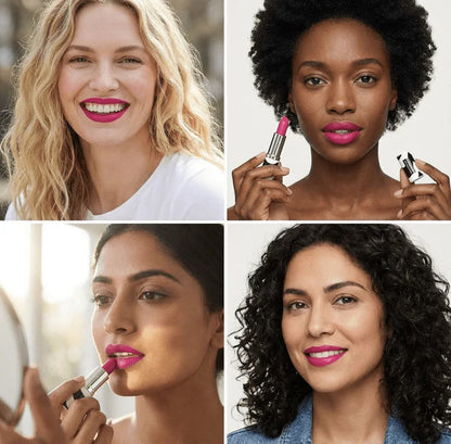 Four women with different skin tones wearing bright pink lipstick, one applying lipstick.