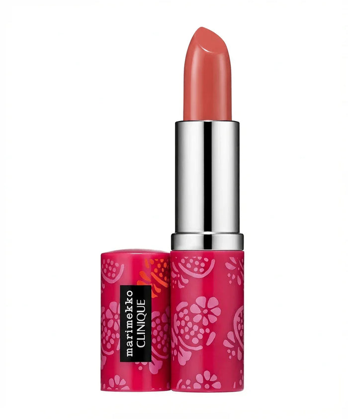 Pink lipstick in floral patterned case with label, standing upright on white background