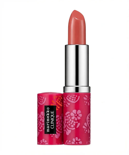 Pink lipstick in floral patterned case with label, standing upright on white background