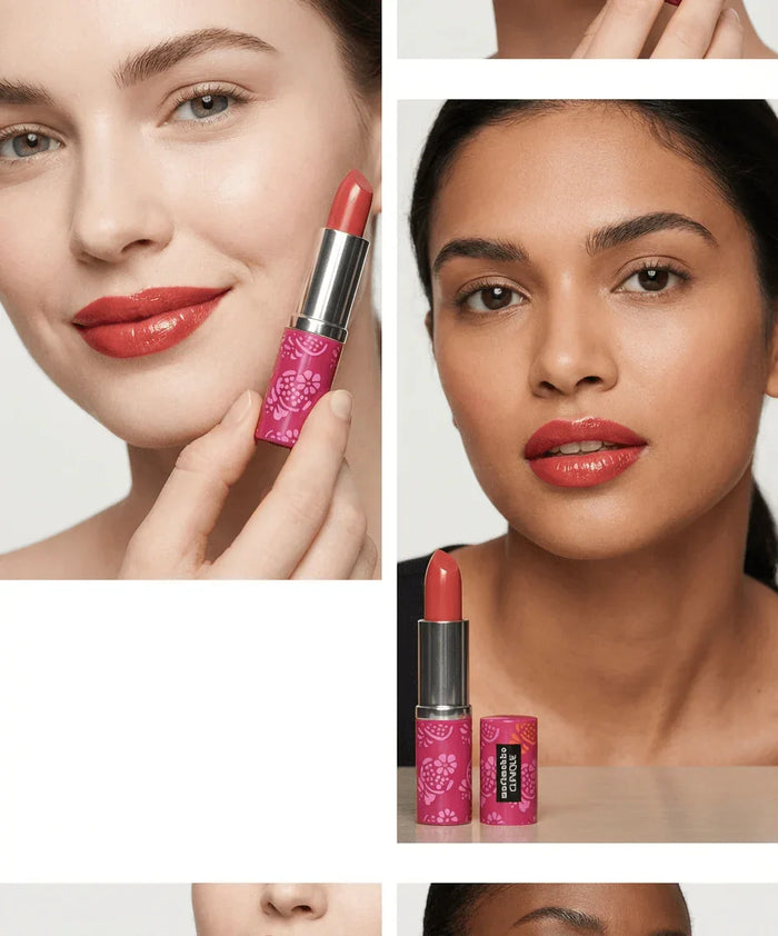 Women wearing red lipstick, holding a pink floral lipstick tube, close-up beauty product shot