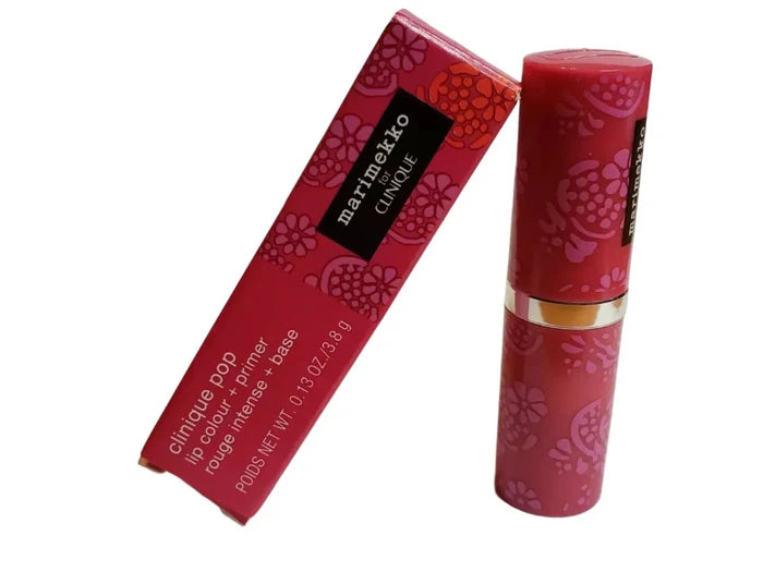 Marimekko Clinique lip colour and primer in poppy pink floral packaging