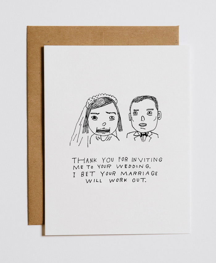 Greeting card with illustrated bride and groom and 'Marriage will work' text