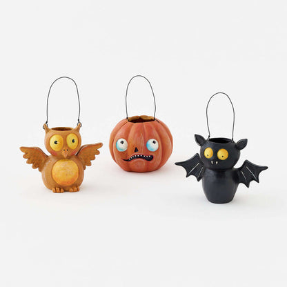 Mary Engelbreit Trick-or-Treat Bucket, Set of 3 Assorted featuring owl, pumpkin, and bat designs.