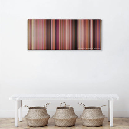 Mean Girls color palette canvas above a white bench with three woven baskets