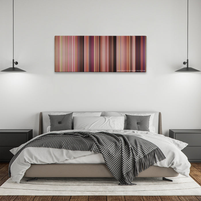Mean Girls color palette canvas above a bed, between two black pendant lamps